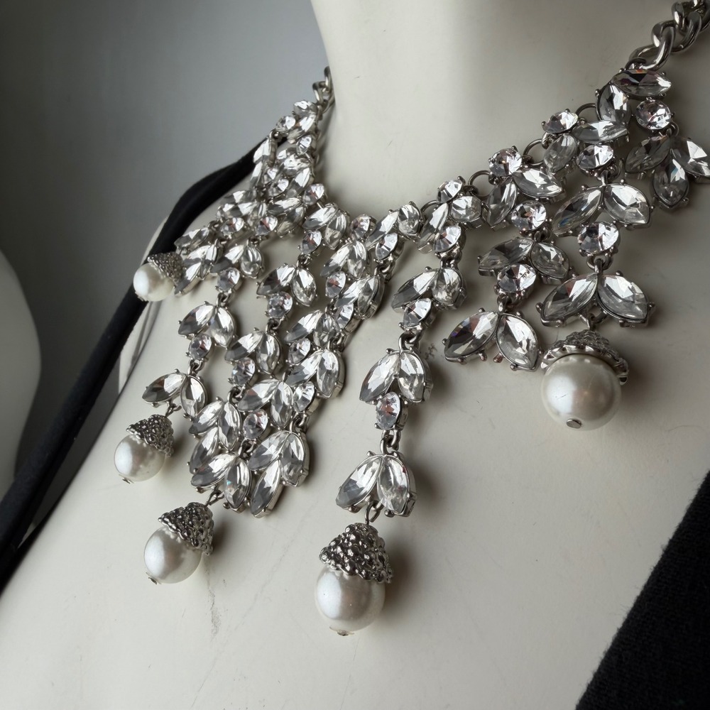 Statement Bib Necklace Crystal Pearl Silver Tone Royalcore Regencycore Formal OS